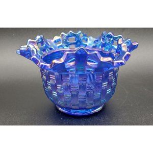 Fenton Carnival Glass  Basket Weave Bowl Open Basket Top Blue Glass